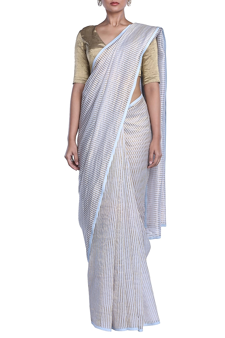 Ice Blue & Gold Chanderi Striped Saree by Pranay Baidya