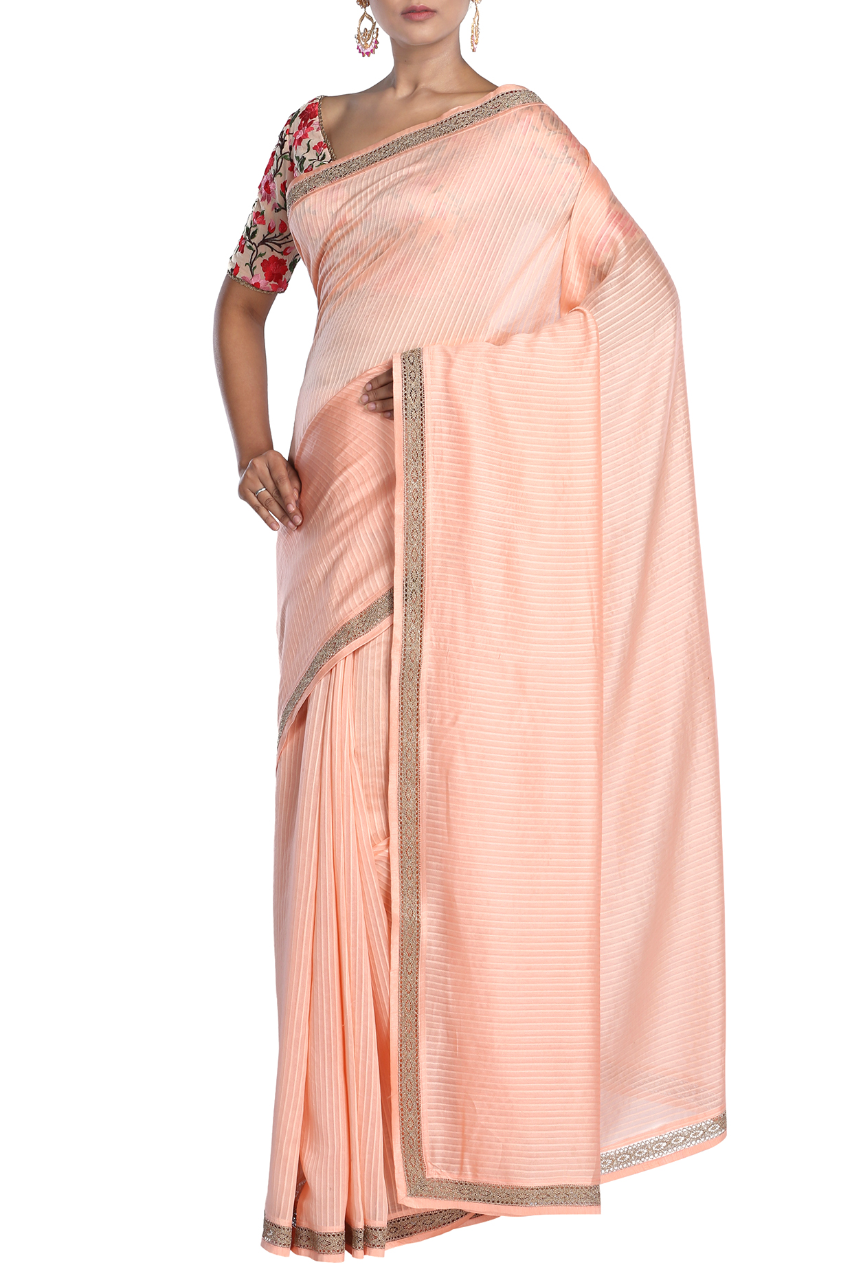 Peach Chanderi Striped Saree by Pranay Baidya