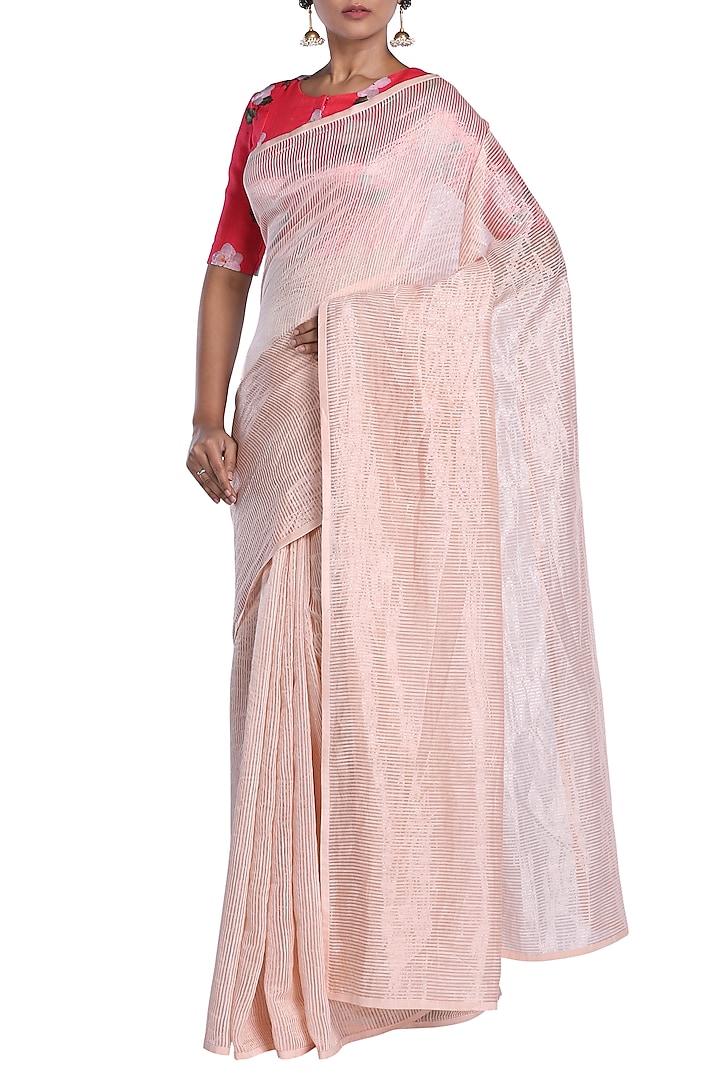 Light Pink Chanderi Striped Saree by Pranay Baidya