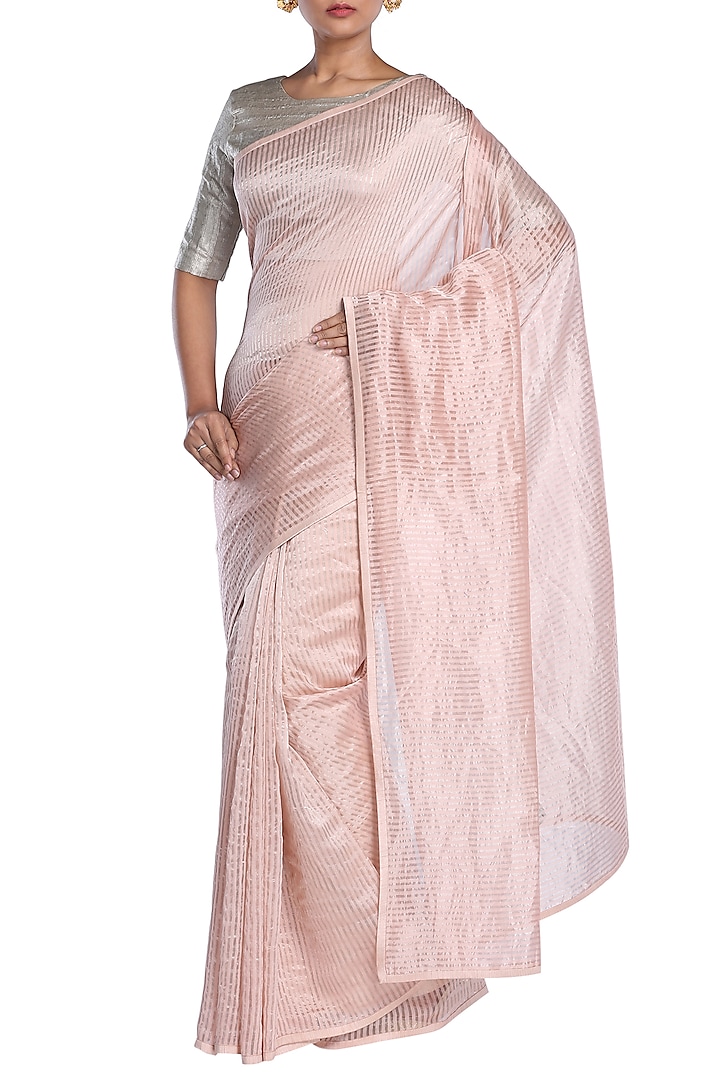 Light Pink Chanderi Striped Saree by Pranay Baidya