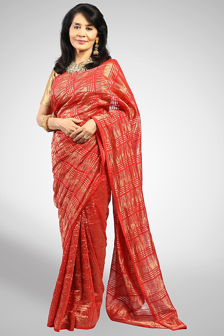 Red Chanderi Striped Saree by Pranay Baidya