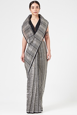 Black & Silver Chanderi Striped Saree by Pranay Baidya