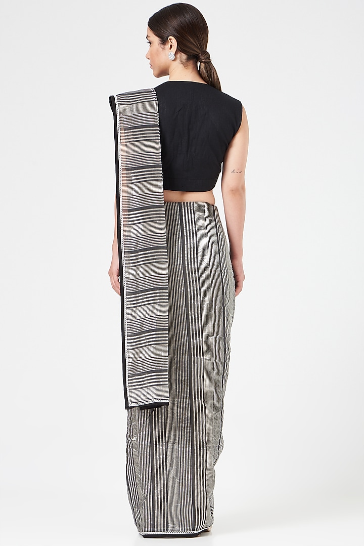 Black & Silver Chanderi Striped Party Wear Saree by Pranay Baidya at Pernia's Pop Up Shop