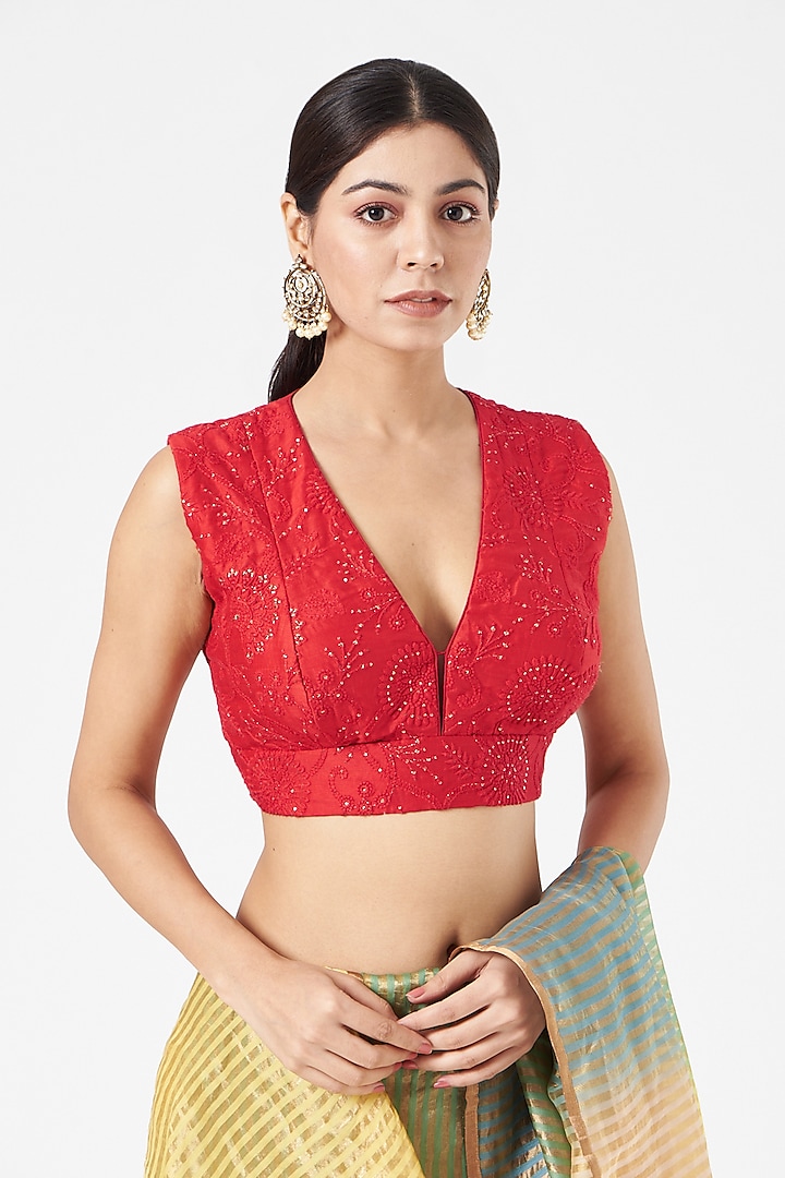 Red Embroidered Blouse by Pranay Baidya