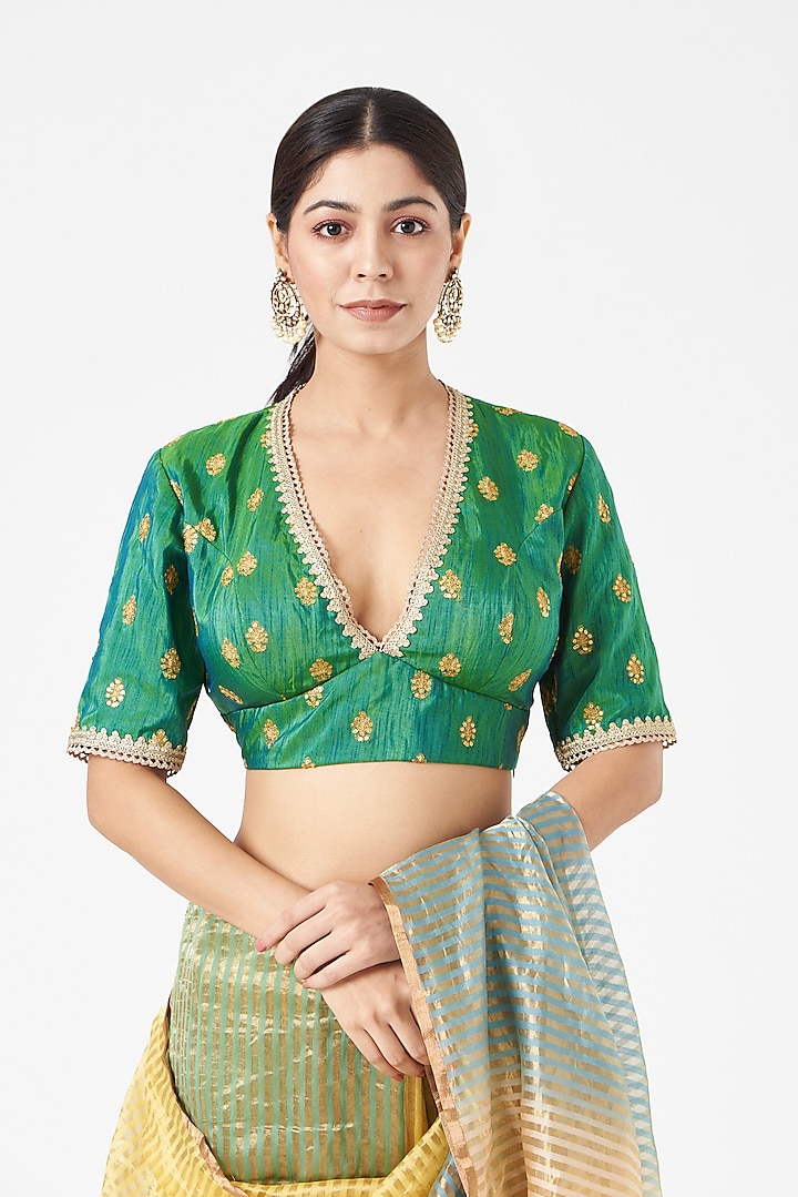 Green Silk Embroidered Blouse by Pranay Baidya