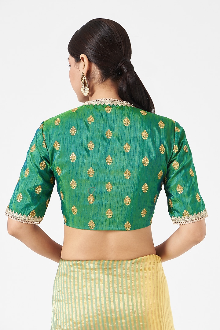 Green Silk Embroidered Blouse by Pranay Baidya at Pernia's Pop Up Shop