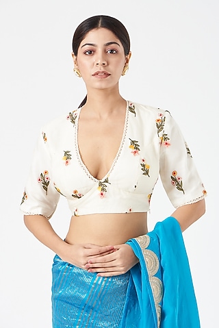 White Organza Silk Embroidered Blouse by Pranay Baidya