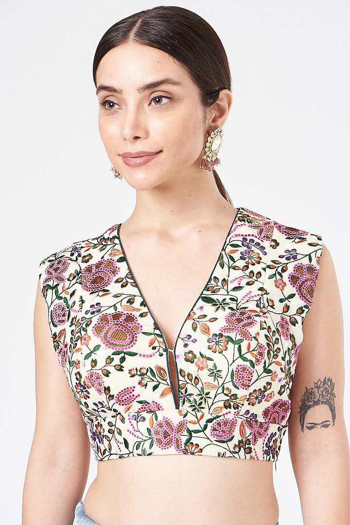 White Cotton Embroidered Blouse by Pranay Baidya at Pernia's Pop Up Shop