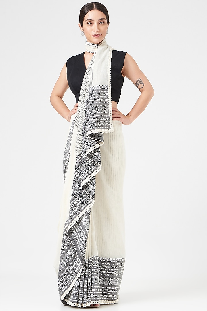 Ivory Grey & Black Cotton Saree by Pranay Baidya at Pernia's Pop Up Shop