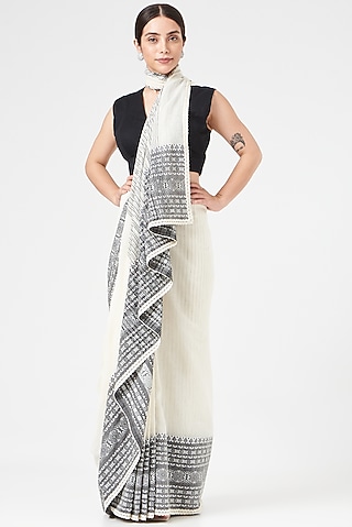 Ivory Grey & Black Cotton Saree by Pranay Baidya
