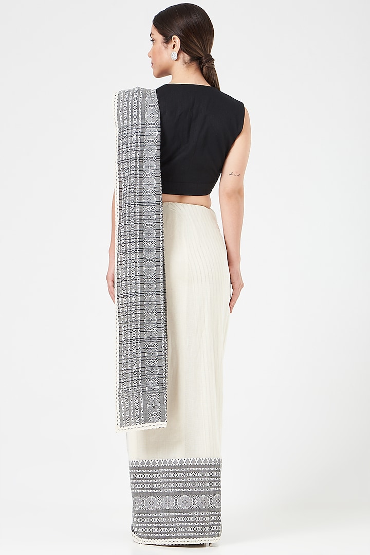 Ivory Grey & Black Cotton Festive Saree by Pranay Baidya at Pernia's Pop Up Shop