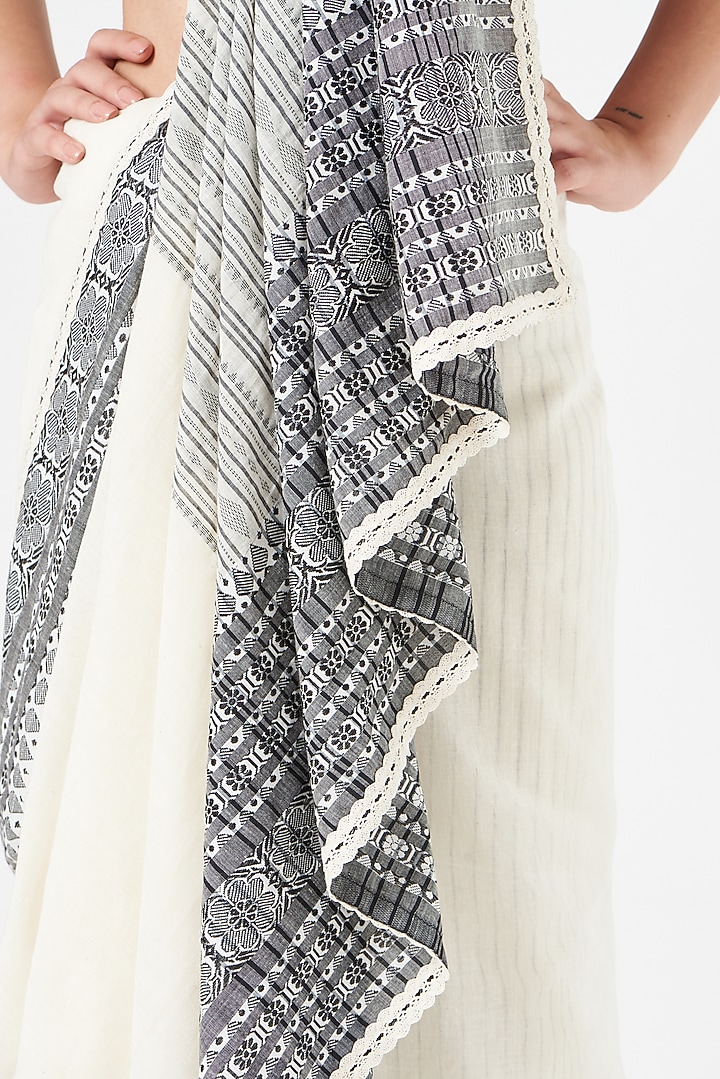 Ivory Grey & Black Cotton Festive Saree by Pranay Baidya at Pernia's Pop Up Shop