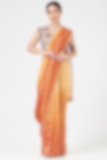 Yellow & Orange Chanderi Striped Saree by Pranay Baidya