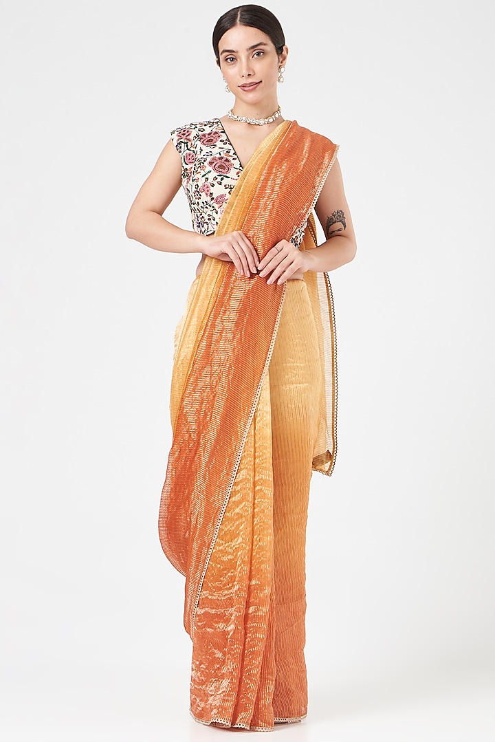 Yellow & Orange Chanderi Striped Saree by Pranay Baidya