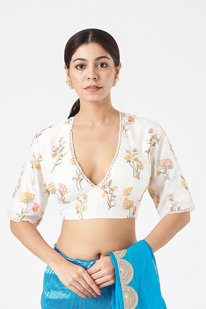 White Floral Embroidered Blouse by Pranay Baidya