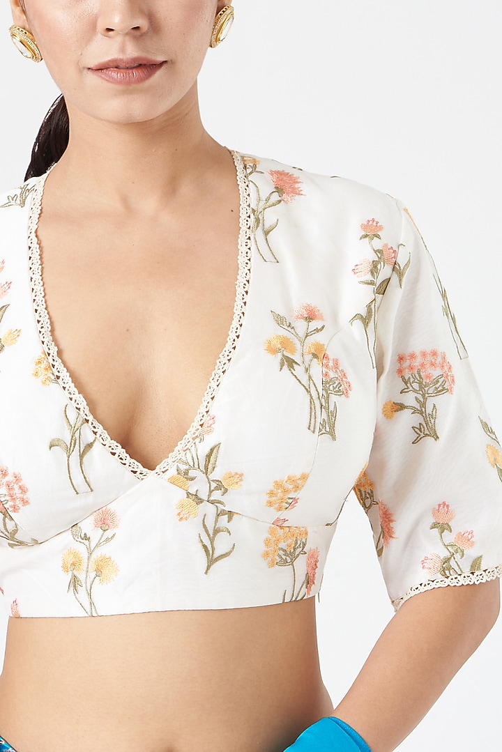 White Floral Embroidered Blouse by Pranay Baidya at Pernia's Pop Up Shop