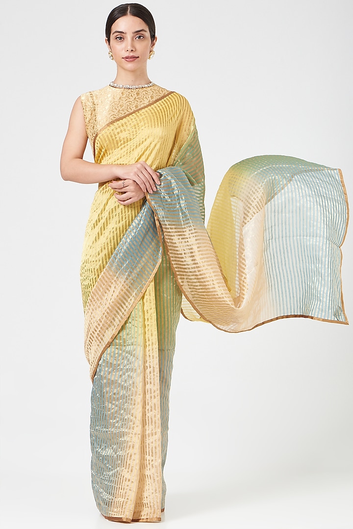 Yellow & Light Blue Chanderi Saree by Pranay Baidya