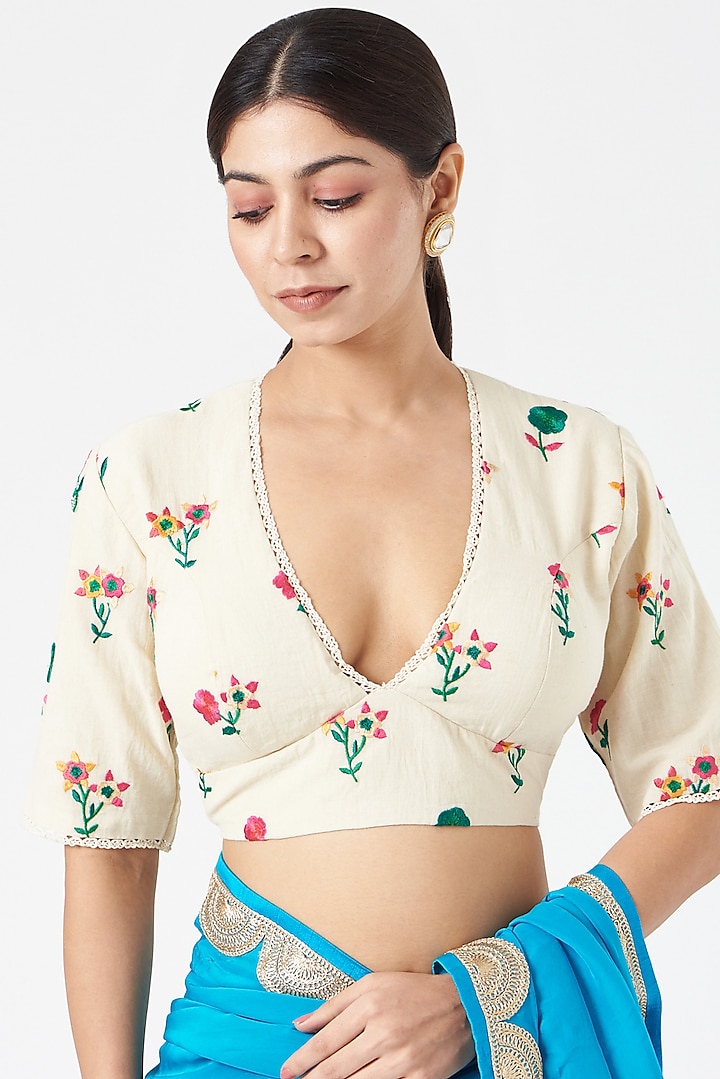 Ivory Embroidered Blouse by Pranay Baidya