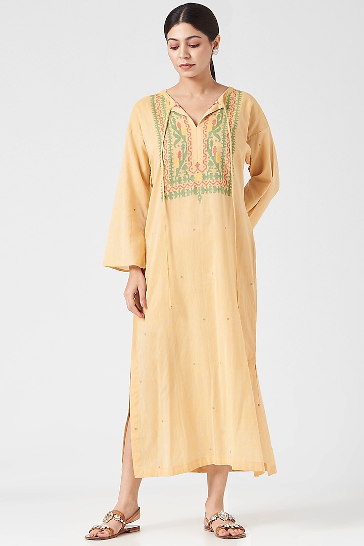 Light Mustard Yellow Cotton Kaftan by Pranay Baidya at Pernia's Pop Up Shop