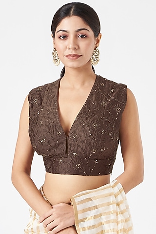 Brown Embroidered Blouse by Pranay Baidya