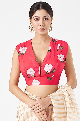 Red Floral Printed Blouse by Pranay Baidya