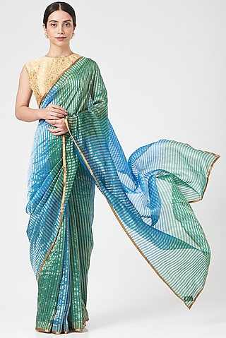 Blue & Green Chanderi Saree by Pranay Baidya