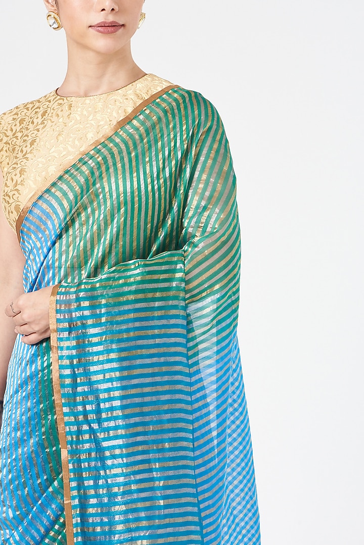 Blue & Green Chanderi Party Wear Saree by Pranay Baidya at Pernia's Pop Up Shop