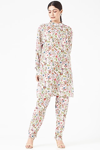 White Printed Kurta Set by Pranay Baidya