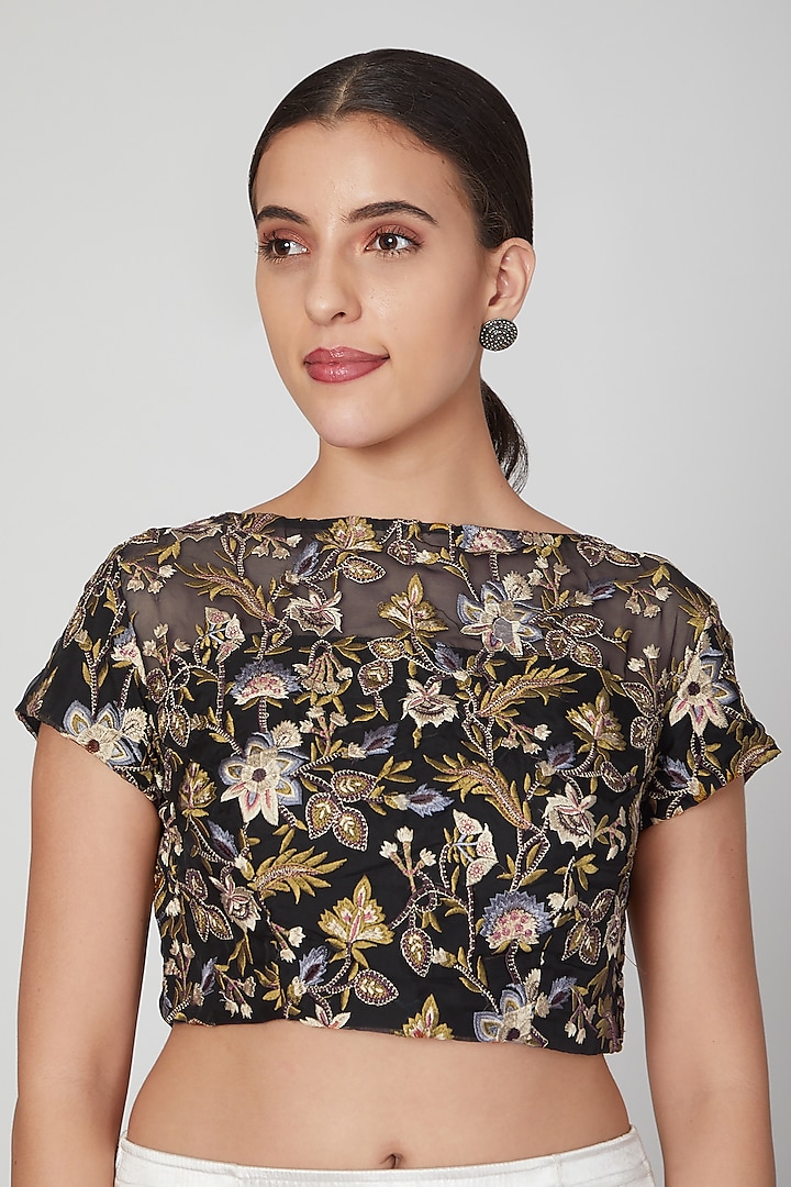 Black Floral Embroidered Blouse by Pranay Baidya