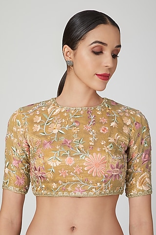 Gold Chanderi Silk Embroidered Blouse by Pranay Baidya