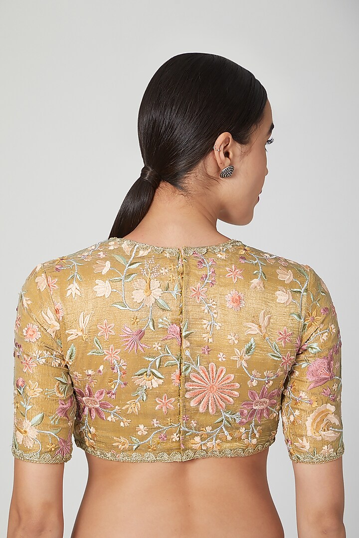 Gold Chanderi Silk Embroidered Blouse by Pranay Baidya at Pernia's Pop Up Shop