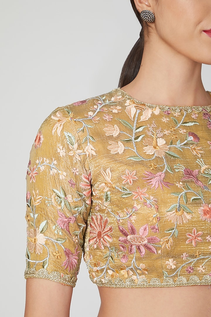 Gold Chanderi Silk Embroidered Blouse by Pranay Baidya at Pernia's Pop Up Shop