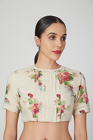 Ivory Floral Printed Blouse by Pranay Baidya