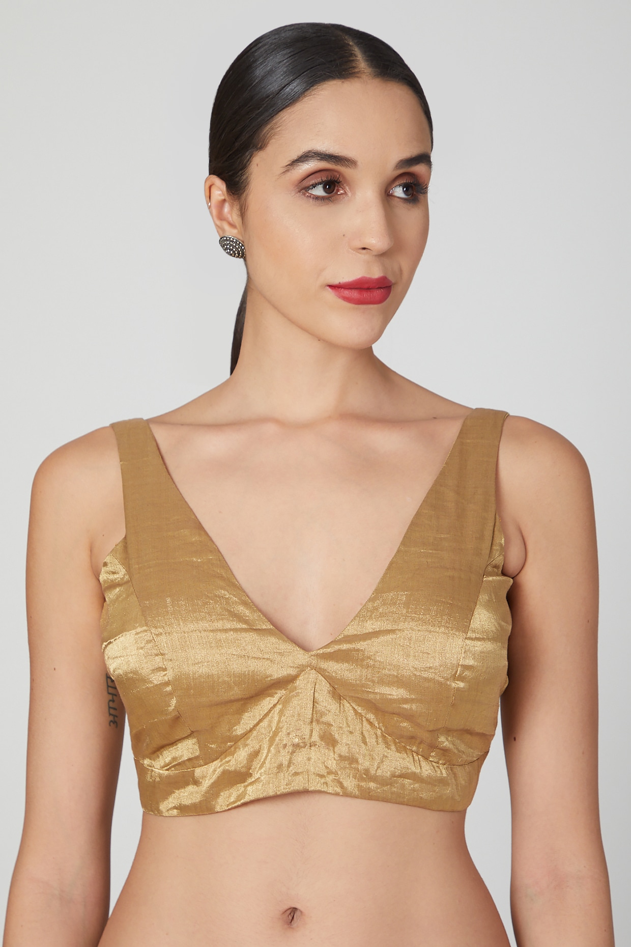 Gold Sleeveless Tissue Silk Blouse Design by Pranay Baidya at Pernia's Pop  Up Shop 2024