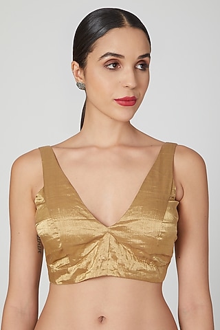 Gold Sleeveless Tissue Silk Blouse by Pranay Baidya