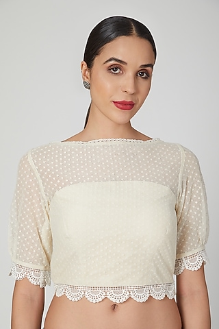 Ivory Crochet Blouse With Boat Neck by Pranay Baidya