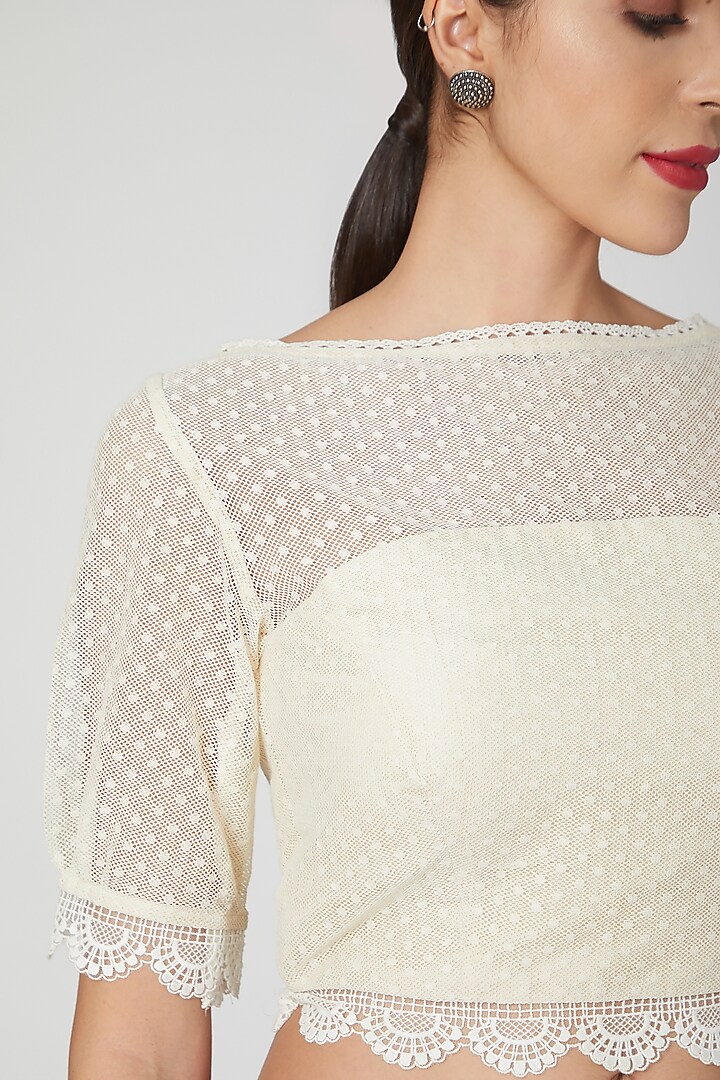 Ivory Crochet Blouse With Boat Neck by Pranay Baidya at Pernia's Pop Up Shop