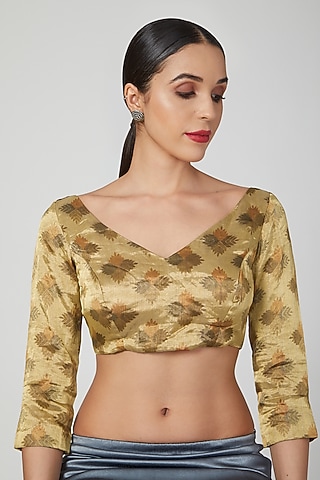 Gold Printed Blouse With 3/4th Sleeves by Pranay Baidya
