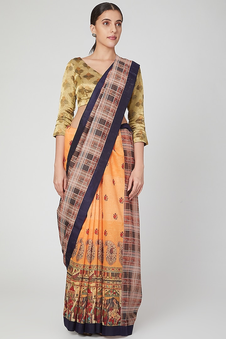 Orange Chanderi Silk Mughal Printed Saree  by Pranay Baidya