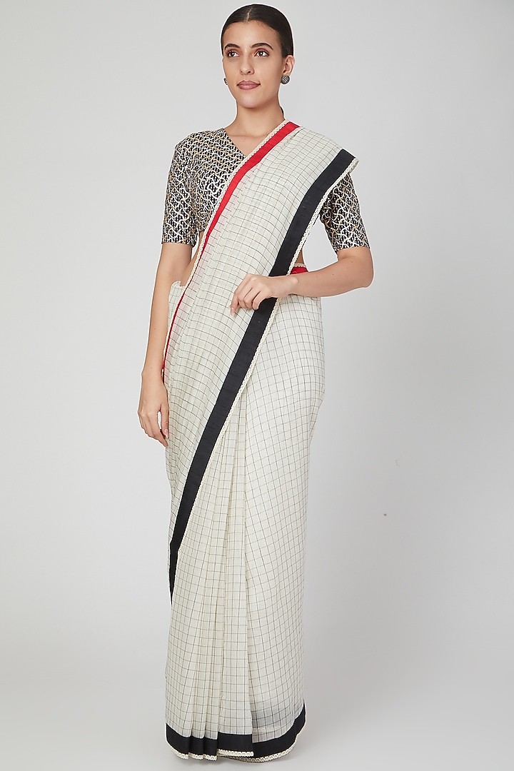White & Black Chanderi Party Wear Saree by Pranay Baidya at Pernia's Pop Up Shop