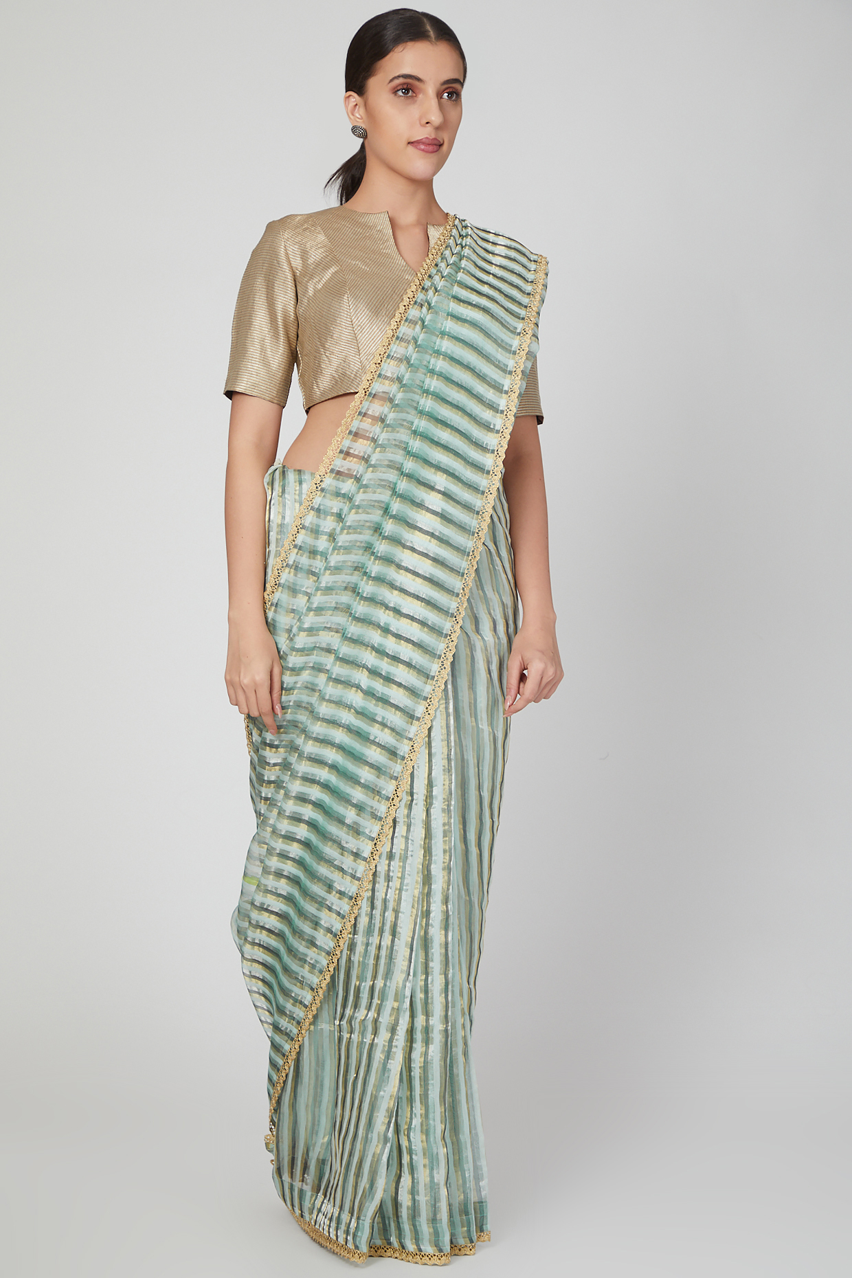 Mint Green & Copper Striped Saree by Pranay Baidya