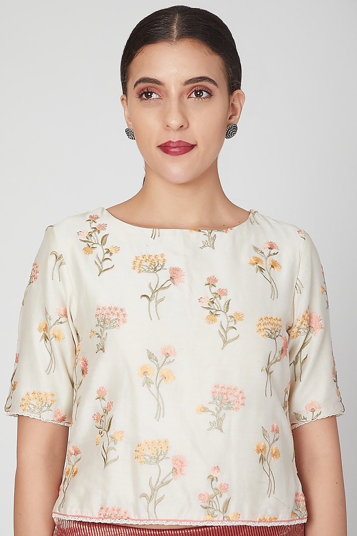 Ivory Floral Embroidered Blouse by Pranay Baidya