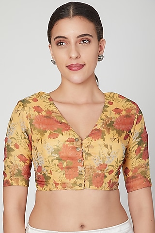 Yellow Floral Printed Blouse by Pranay Baidya