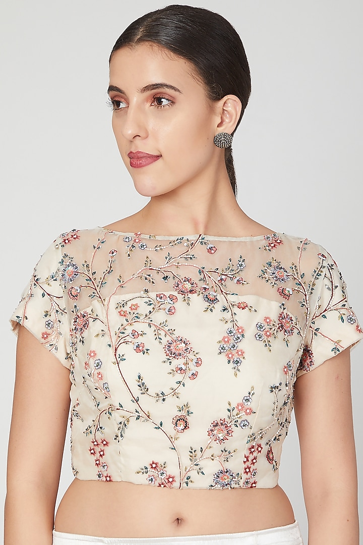 Ivory & Peach Embroidered Blouse by Pranay Baidya