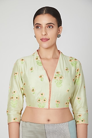 Mint Green Embroidered Blouse by Pranay Baidya