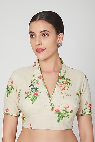Ivory Floral Printed Blouse by Pranay Baidya