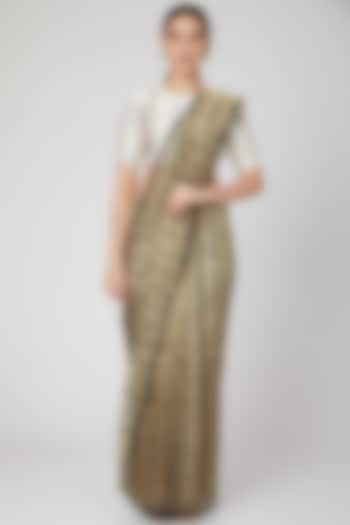 Black & Gold Chanderi Striped Saree by Pranay Baidya at Pernia's Pop Up Shop