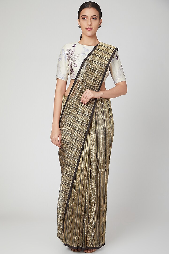 Black & Gold Chanderi Striped Saree by Pranay Baidya at Pernia's Pop Up Shop