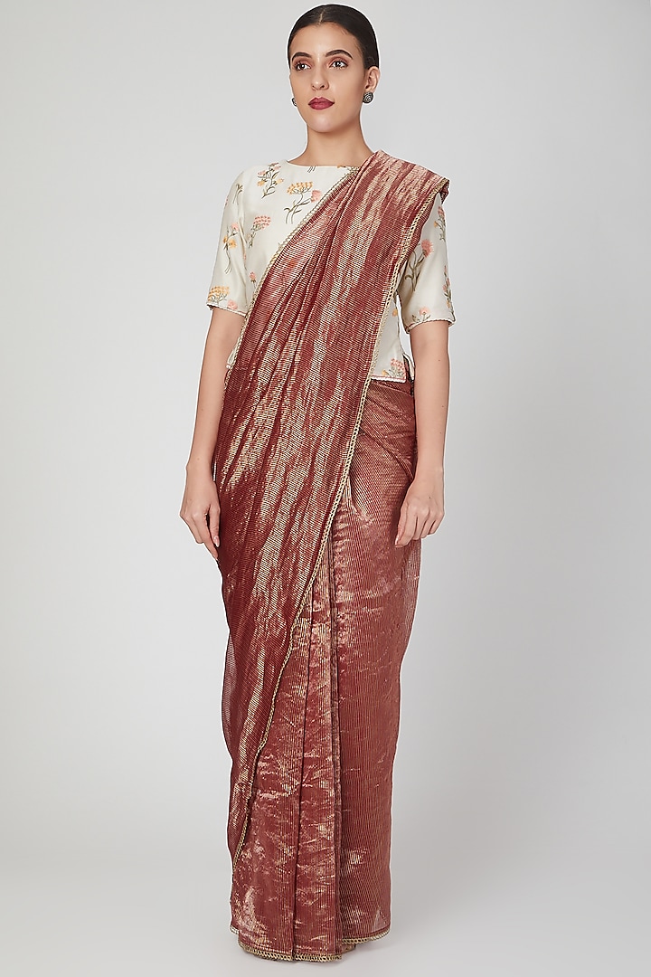 Maroon Chanderi Striped Saree by Pranay Baidya at Pernia's Pop Up Shop