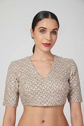 Gold & Silver Embroidered Printed Blouse by Pranay Baidya